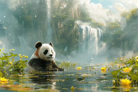 panda bear in the park with water lily and waterfall backgroundの写真素材