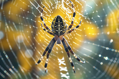 Spider on spiderweb with bokeh background, close-upの写真素材