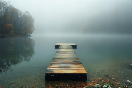 Wooden pier on lake in foggy morning. Autumn landscape.の写真素材