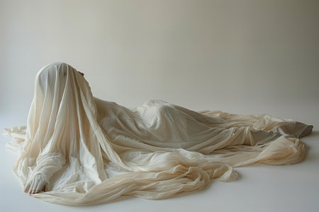 Beautiful bride in white wedding dress lying on the floor, studio shotの写真素材