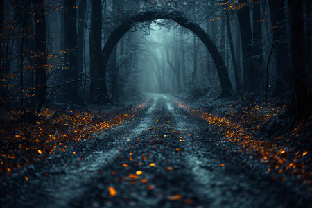 Foggy road in the dark mysterious forest. Halloween background.の写真素材