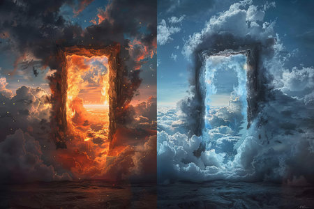 Fantasy landscape with door in the clouds. 3D illustration.の写真素材