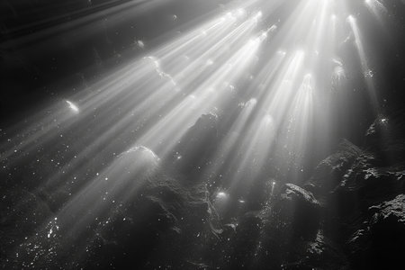 abstract scene with sunbeams and lens flare in black and white
