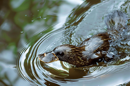 duck swimming in the pond, closeup of photo with shallow depth of fieldの写真素材