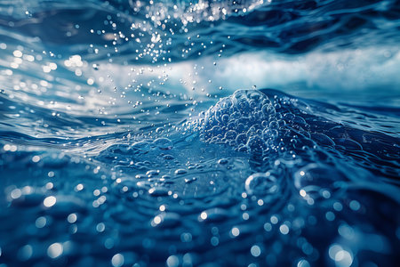 Water splashes on a background of blue water. Shallow depth of fieldの写真素材