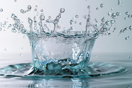 Water splashes and ripples after a drop of water on a white backgroundの写真素材