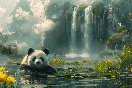 A giant panda swimming in a pond in front of a waterfallの写真素材