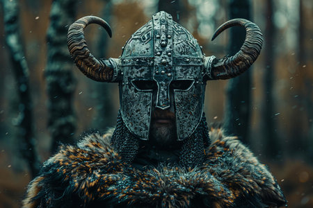 Viking warrior with horns in the forest. Fantasy and fantasy.の写真素材