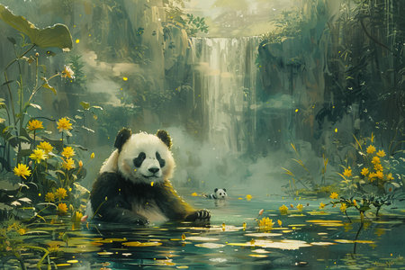 Panda sitting in the water with yellow flowers and a waterfall.の写真素材
