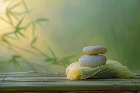 Spa stones on bamboo mat with green bamboo background, Zen and meditation conceptの写真素材