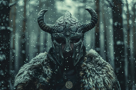 Warrior with horned helmet in the forest during a snowfallの写真素材
