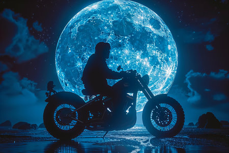 Silhouette of a man on a motorcycle in the moonlightの写真素材
