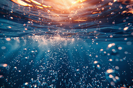 Underwater view of water surface with bubbles and sunlight. 3D renderingの写真素材