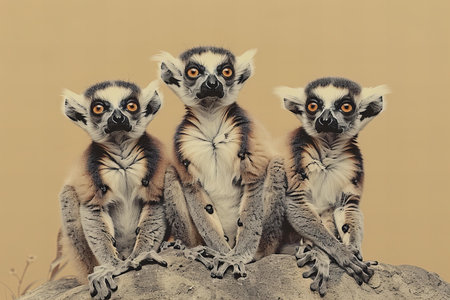 Three ring-tailed lemurs sitting on a rock, looking at the cameraの写真素材