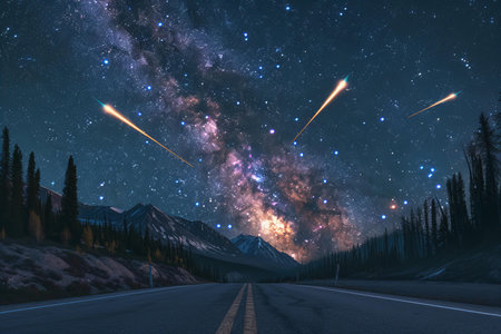 Milky way over the highway in the mountains. Elements of this image furnished by NASAの写真素材