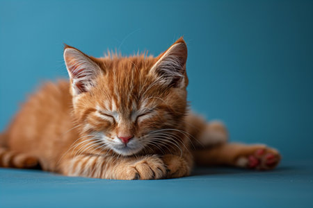 Cute ginger kitten lying on blue background. Fluffy pet.の写真素材