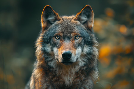 Portrait of a wolf in the autumn forest. Close-up.の写真素材