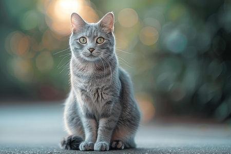 Cute cat sitting on the ground with bokeh background.の写真素材