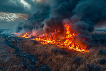 Burning dry grass in the field at sunset. Natural disaster.