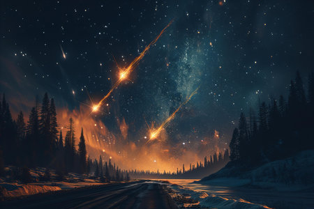 Fireworks in the night sky above the road in the forest.の写真素材