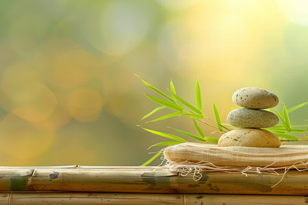 zen stones and bamboo on green background with copy space for your textの写真素材