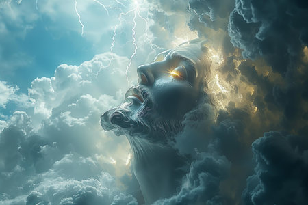 3d rendering of a woman in the sky with lightning and cloudsの写真素材