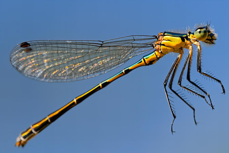 Close-up of a damselfly on a background of blue sky