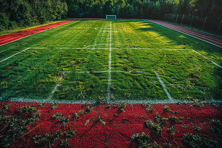 Soccer field with green grass and red and white lines, vintage filterの写真素材