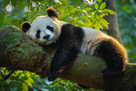 Panda bear sleeping on a tree in the forest. Chengdu, Chinaの写真素材