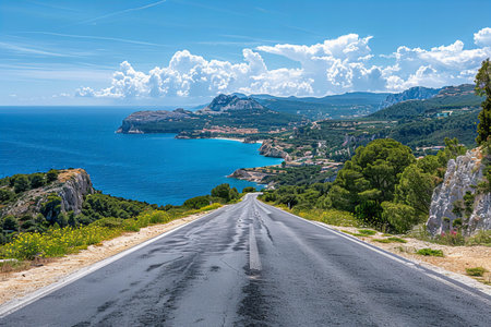 Asphalt road in the bay of Kefalonia, Greeceの写真素材