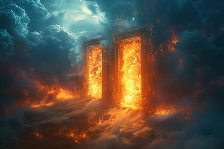 Fantasy door in the clouds. 3D illustration. Conceptual image.