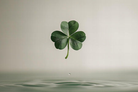 four-leaf clover on water surface with ripples and copyspaceの写真素材