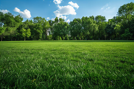 Green grass and trees in the park under blue sky with white cloudsの写真素材