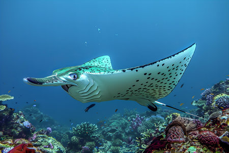 Manta ray swimming over a coral reef in the Red Sea.