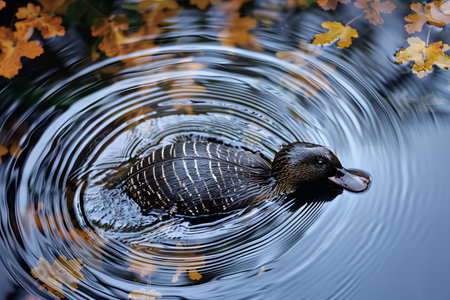 Duck swimming in a pond with autumn leaves in the background.の写真素材