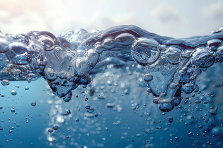 Close up of water splashes and bubbles on blue background with sunlightの写真素材