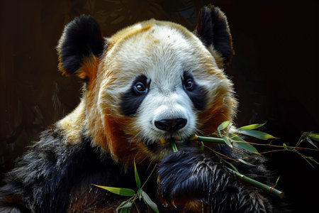 Portrait of a giant panda bear with bamboo on black backgroundの写真素材
