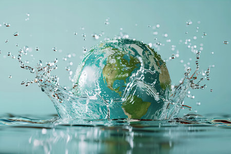 Water splashing around a globe on blue background. Global warming conceptの写真素材