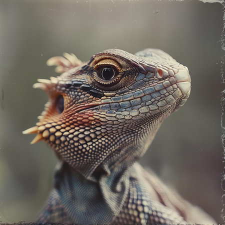 Close up portrait of a bearded dragon in the nature, vintage styleの写真素材