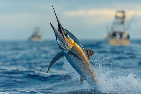 Marlin fish jumping out of the water on a fishing boat.の写真素材
