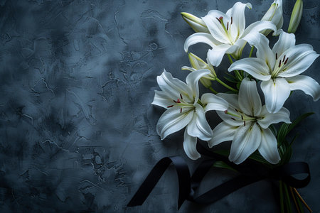 White lily bouquet with black ribbon on dark background. Copy space.の写真素材