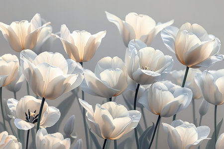 White tulips on a gray background. Floral background. Place for text.の写真素材