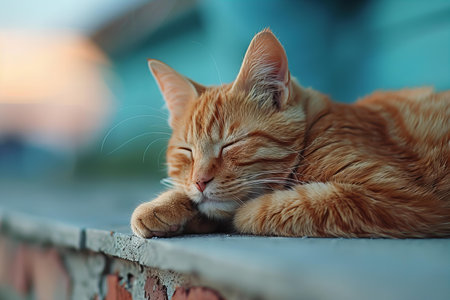 Cute ginger cat sleeping on the wall. Selective focus.