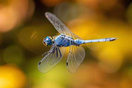 Dragonfly on nature background. Close up of a blue dragonflyの写真素材