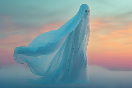Ghost in the sky at sunset. Halloween concept. 3D renderingの写真素材