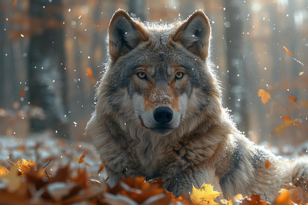 Wolf in the autumn forest. Beautiful portrait of a wolf in the forest.