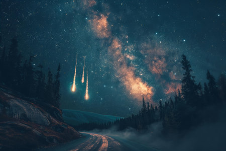 Fantastic night sky with stars and milky way in the mountainsの写真素材