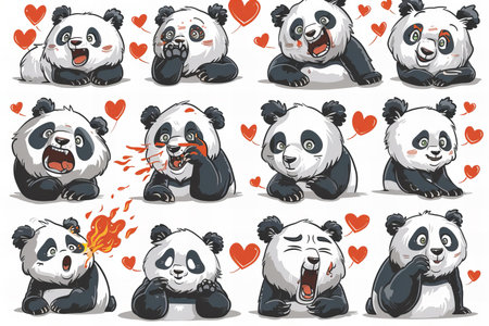 Set of cute panda with hearts. Vector illustration in cartoon style.の写真素材
