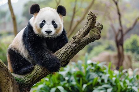 Giant panda sitting on a tree branch with green background.の写真素材