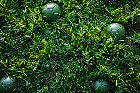 Soccer ball on green grass background. Top view. Copy spaceの写真素材